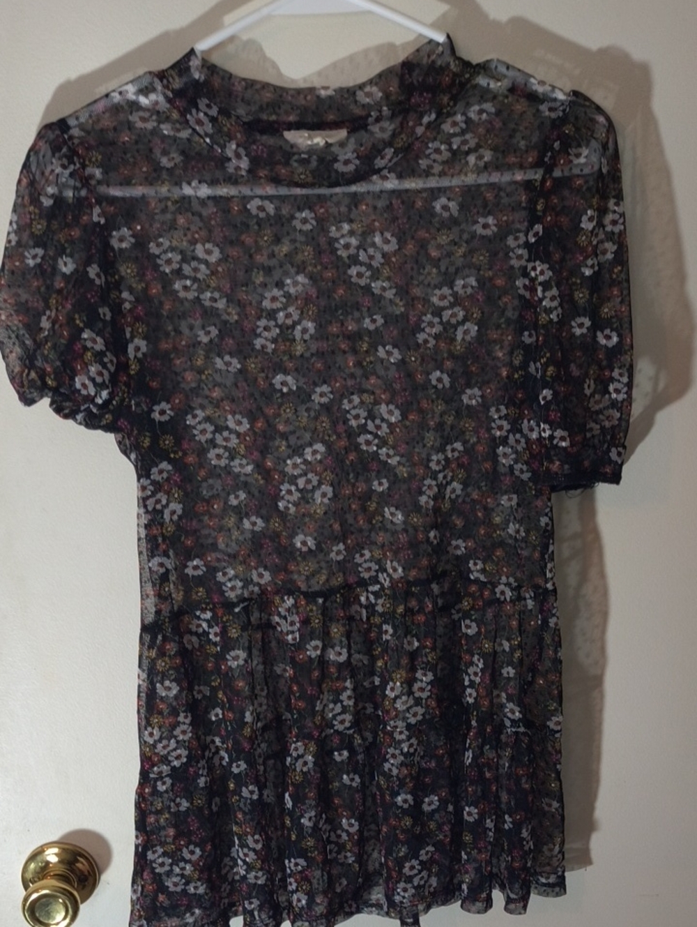 Sheer Floral Short Sleeve Blouse - Black with Multicolor Blossoms